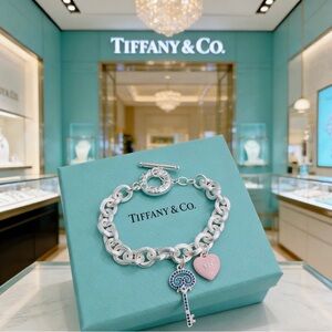 Tiffany & Co. Silver and Pink Heart Key Bracelet
